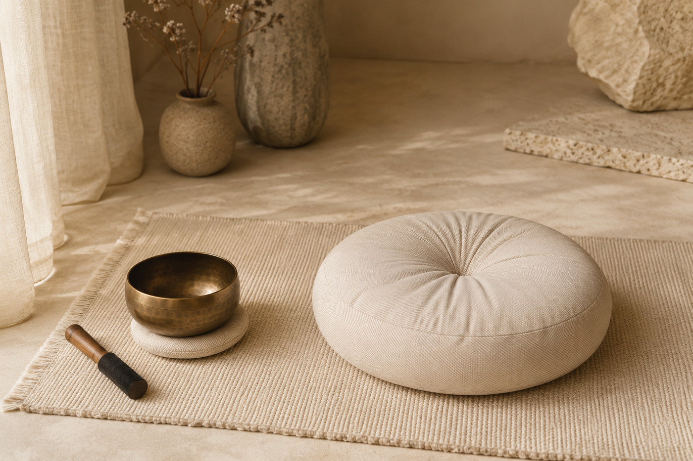 Coin méditation avec coussin, tapis beige, bol tibétain, lin clair.