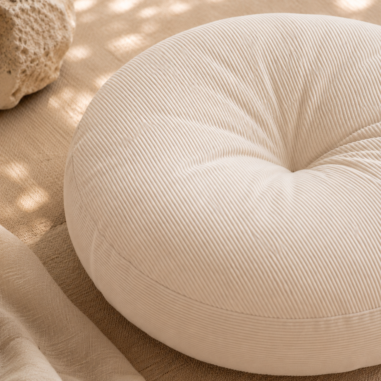 Coussin de méditation rond beige gros plan texture