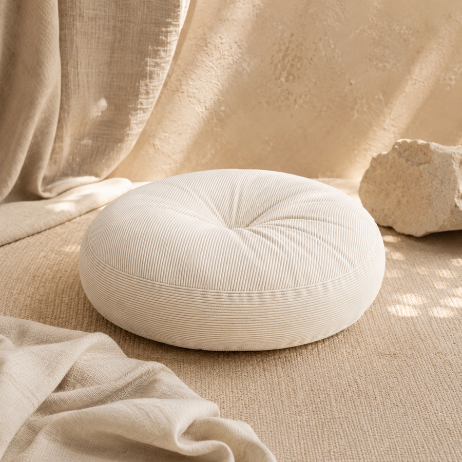 Coussin de méditation rond beige dans un espace calme et naturel