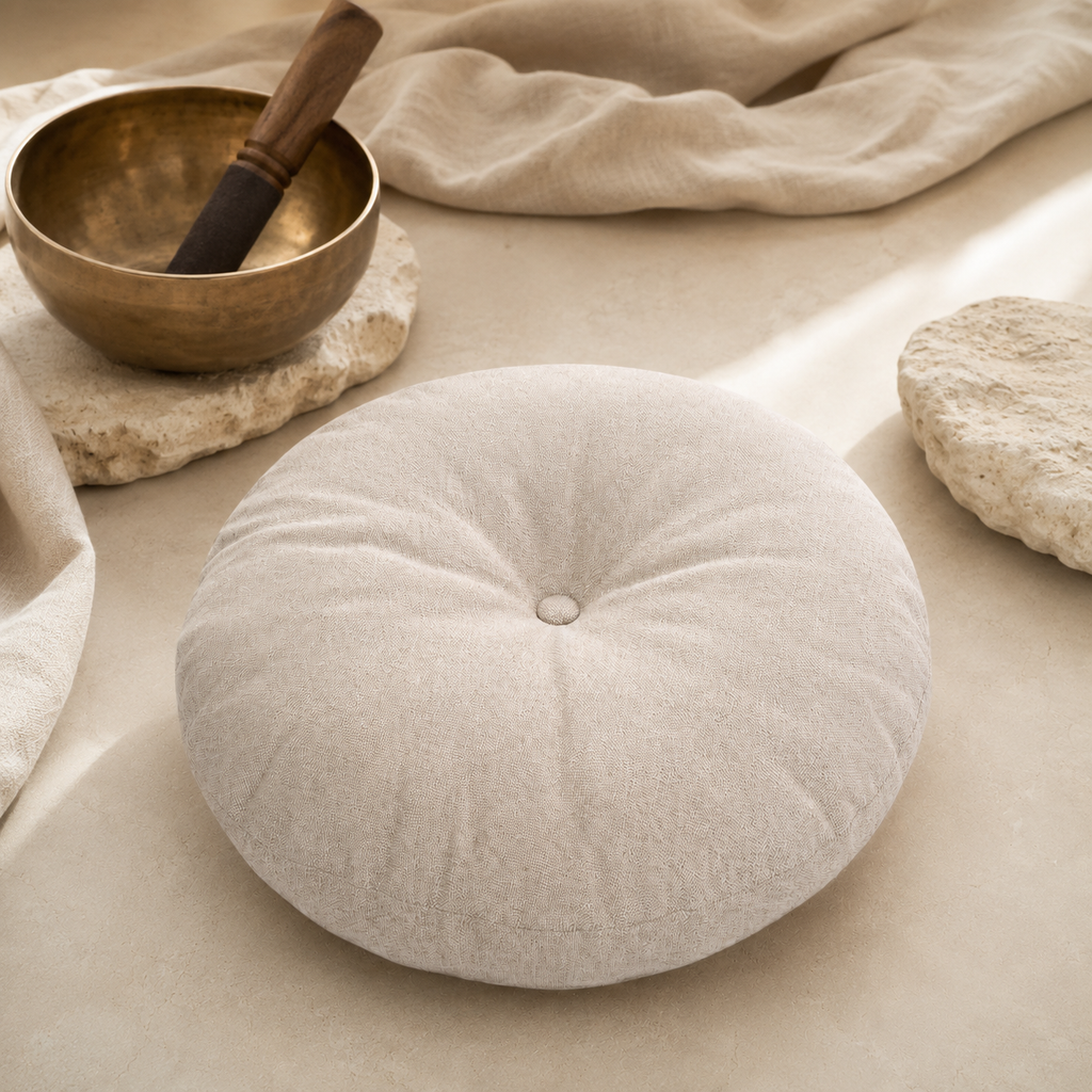 Coussin zafu naturel avec bol tibétain dans un espace de méditation