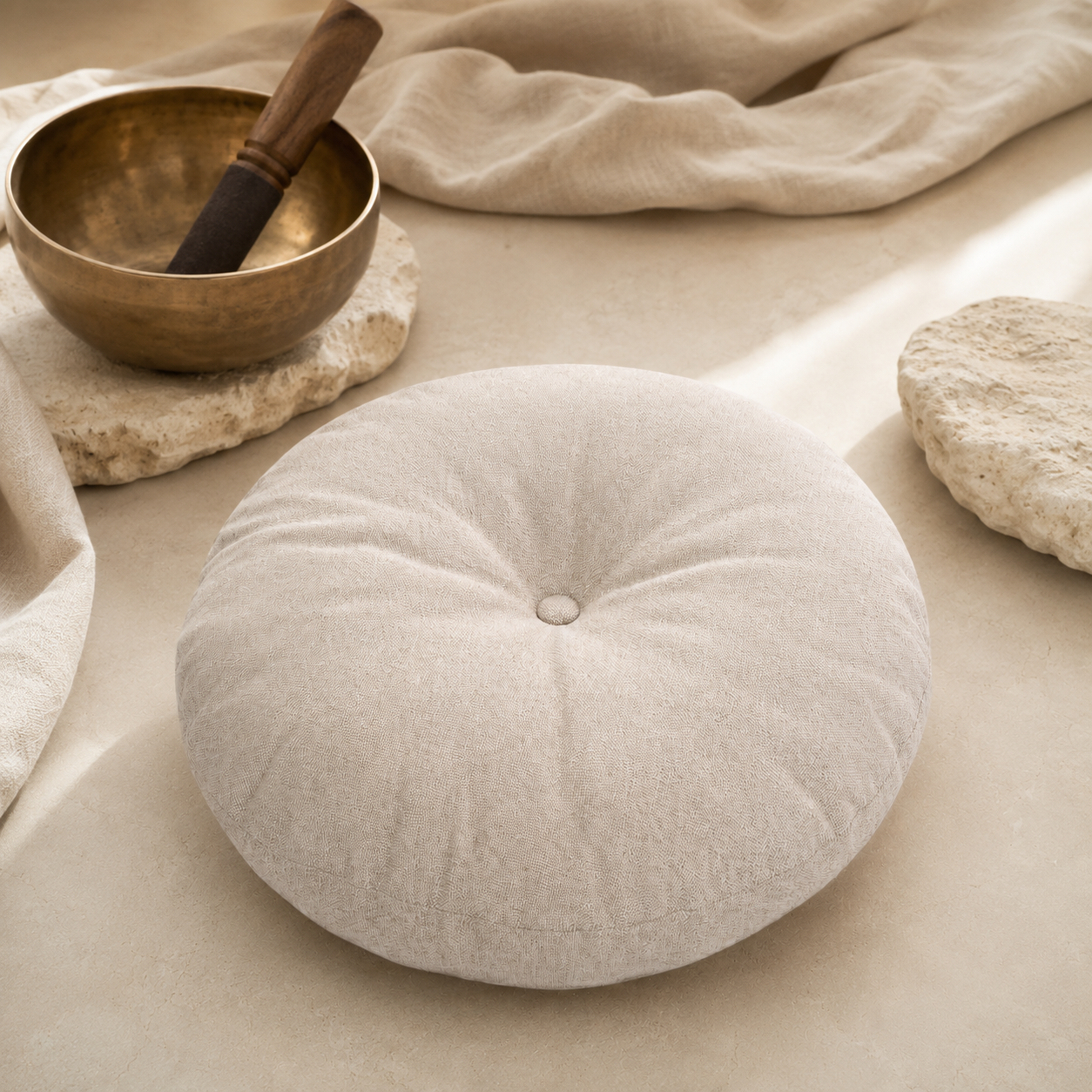 Coussin zafu naturel avec bol tibétain dans un espace de méditation