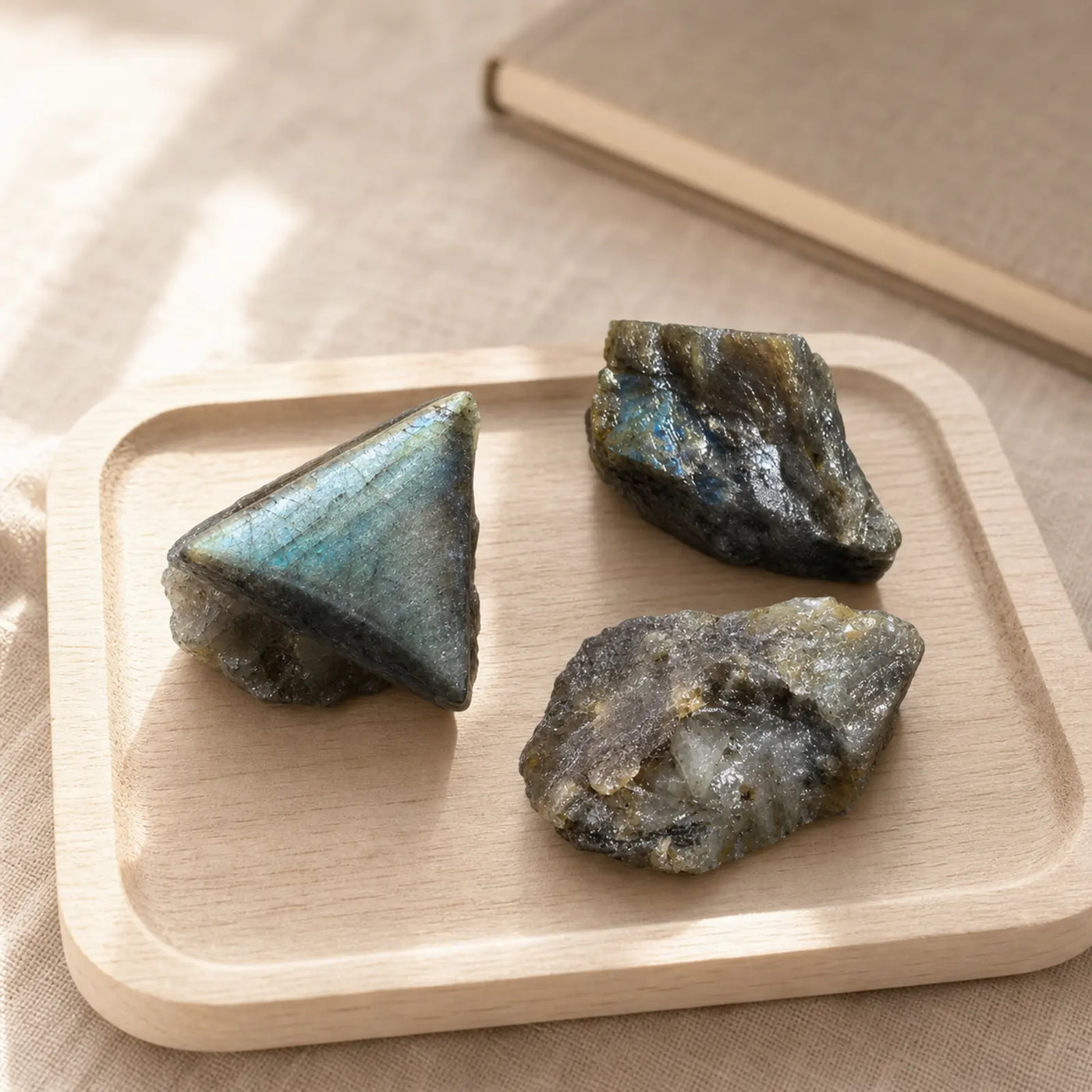 Fragments de labradorite brute disposés sur un plateau en bois dans un espace calme.