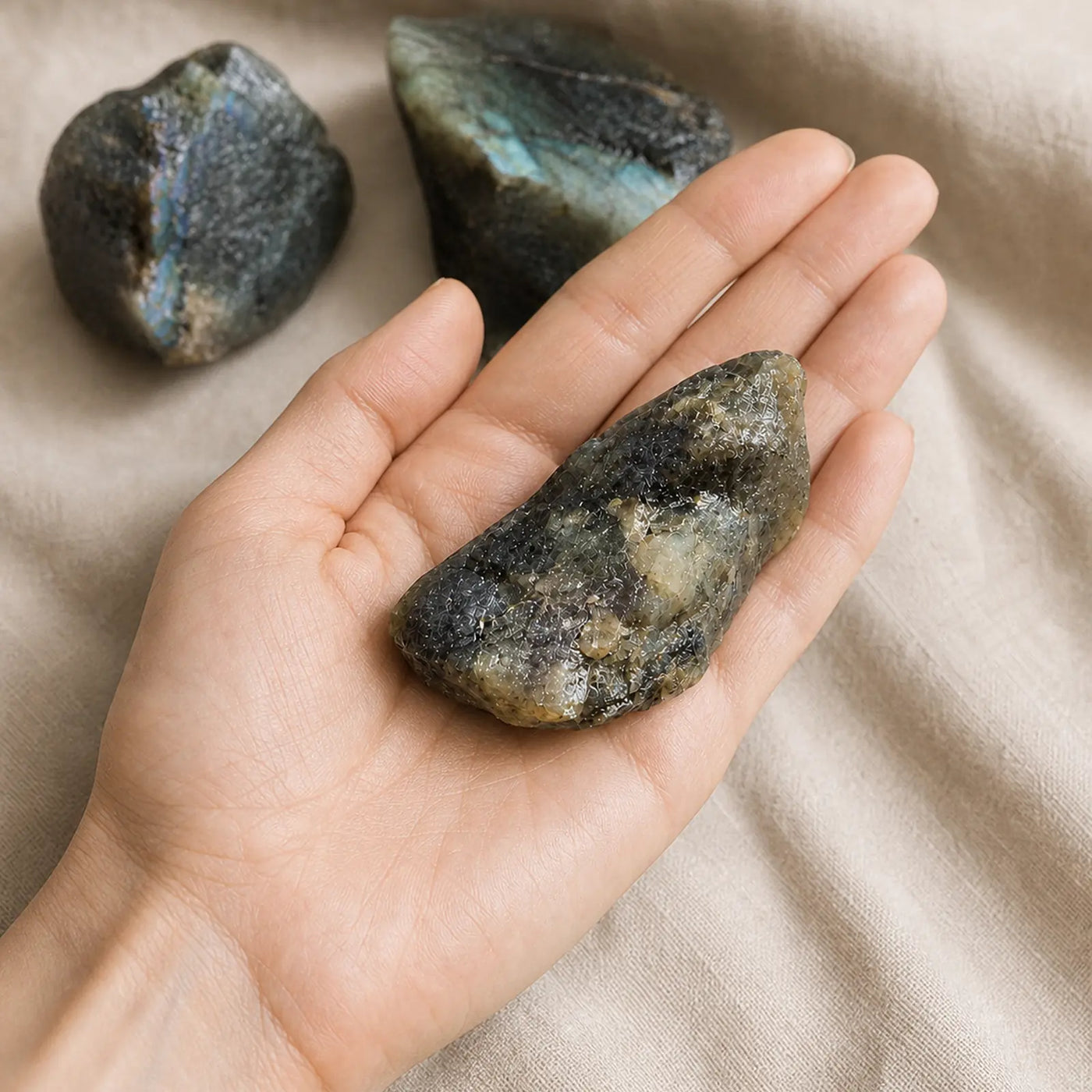 Fragment de labradorite brute naturelle tenu dans une main pour montrer son échelle.
