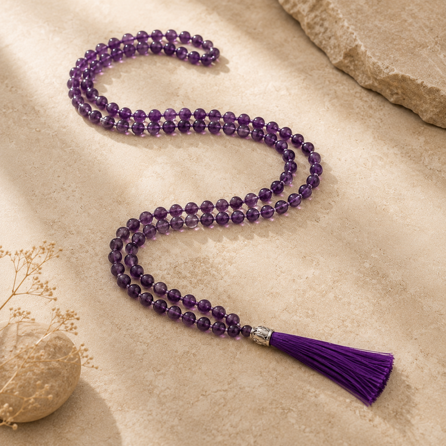 Mala 108 perles en améthyste avec pompon violet, présenté en vue complète
