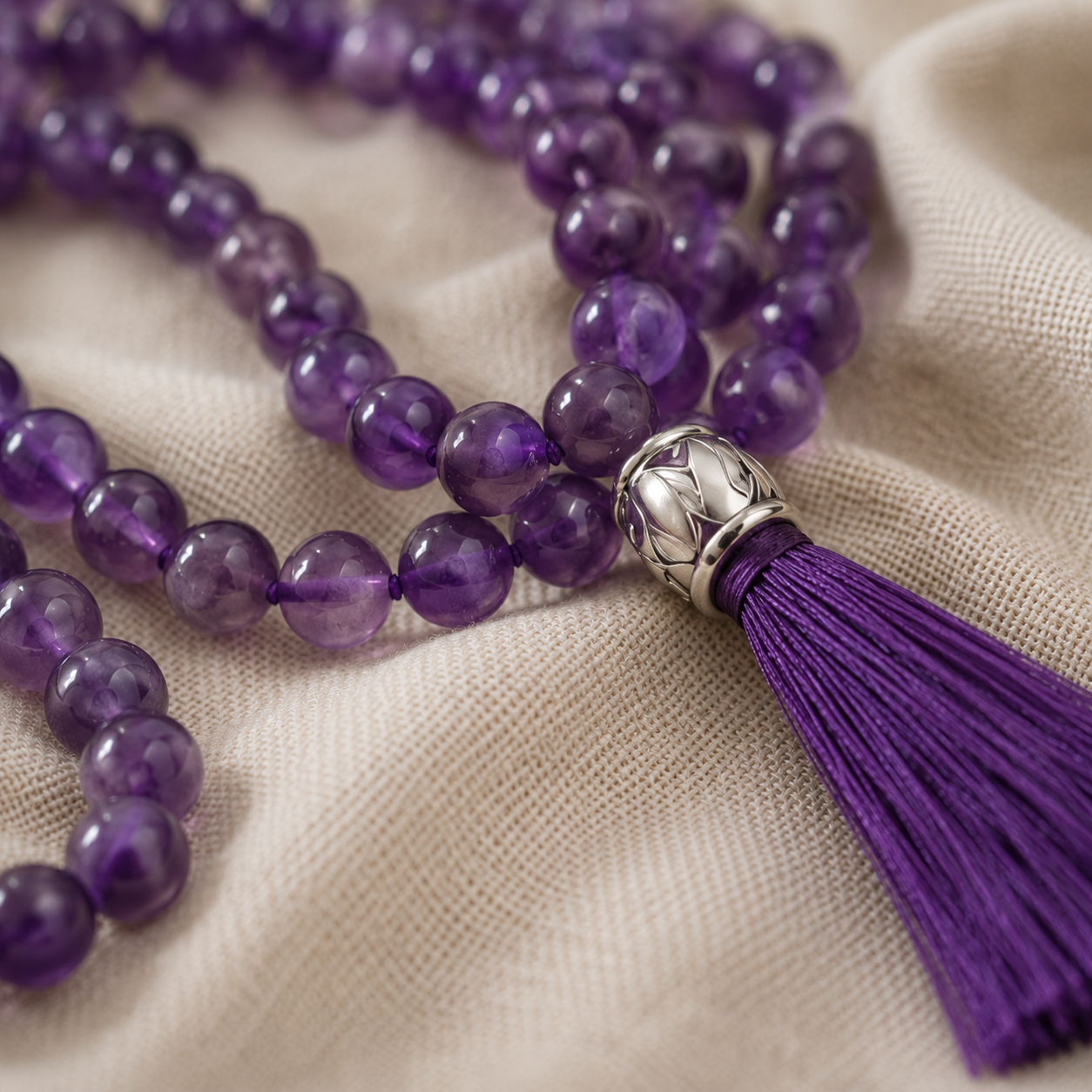 Gros plan sur les perles en améthyste et le pompon violet du mala