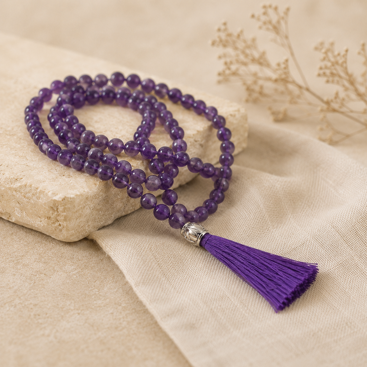 Mala en améthyste posé sur un tissu en lin clair avec pompon violet