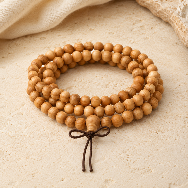 Mala de méditation en bois clair pour accompagner un rituel de calme