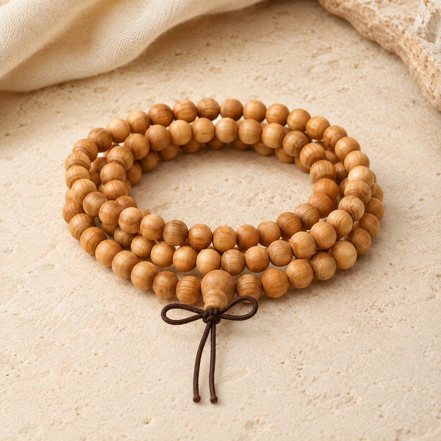 Mala de méditation en bois clair pour accompagner un rituel de calme