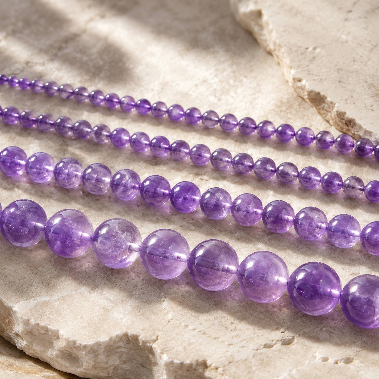 Comparaison de perles d’améthyste naturelle rondes en tailles 4, 6, 8 et 10 mm