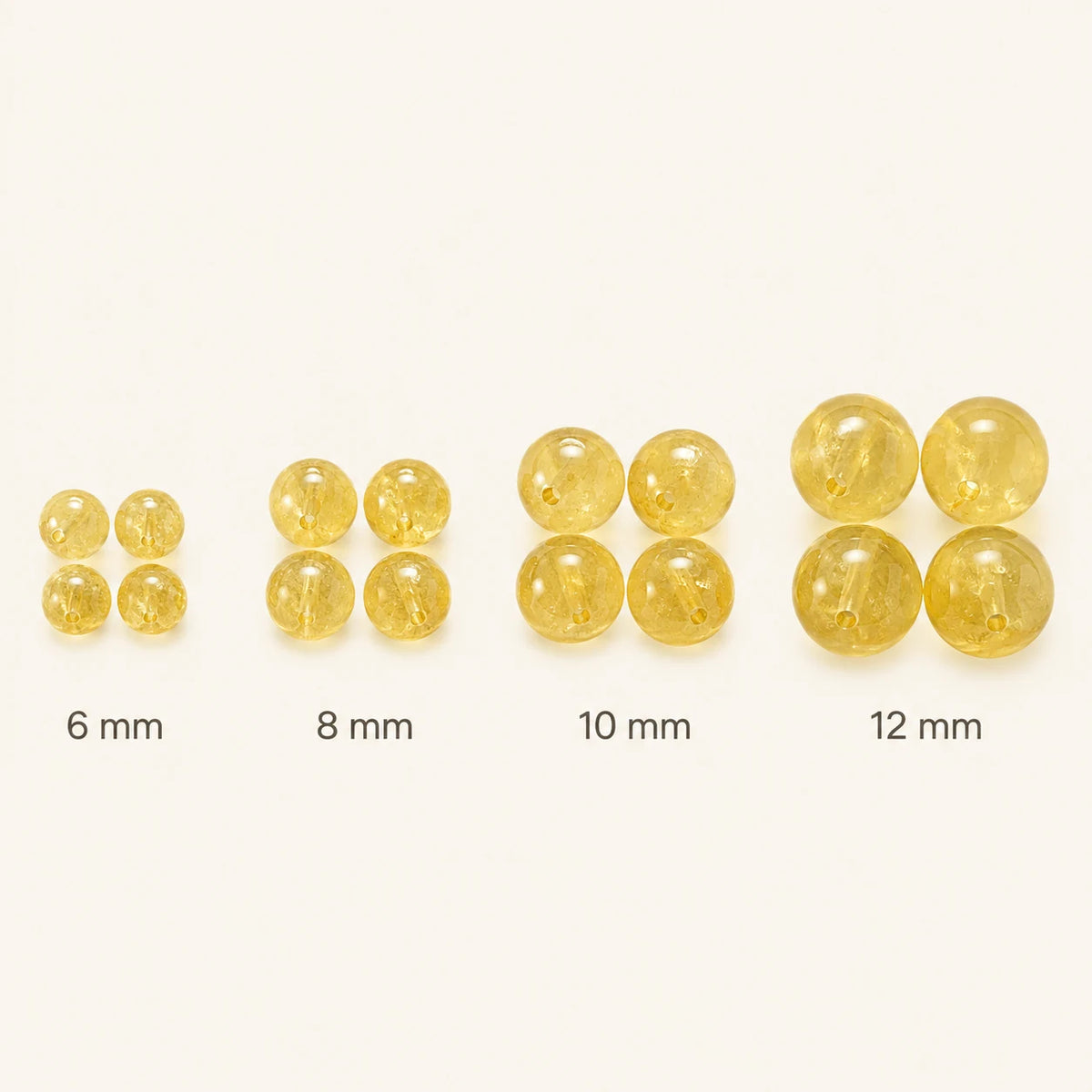 Comparaison des perles Citrine de 6, 8, 10 et 12 mm
