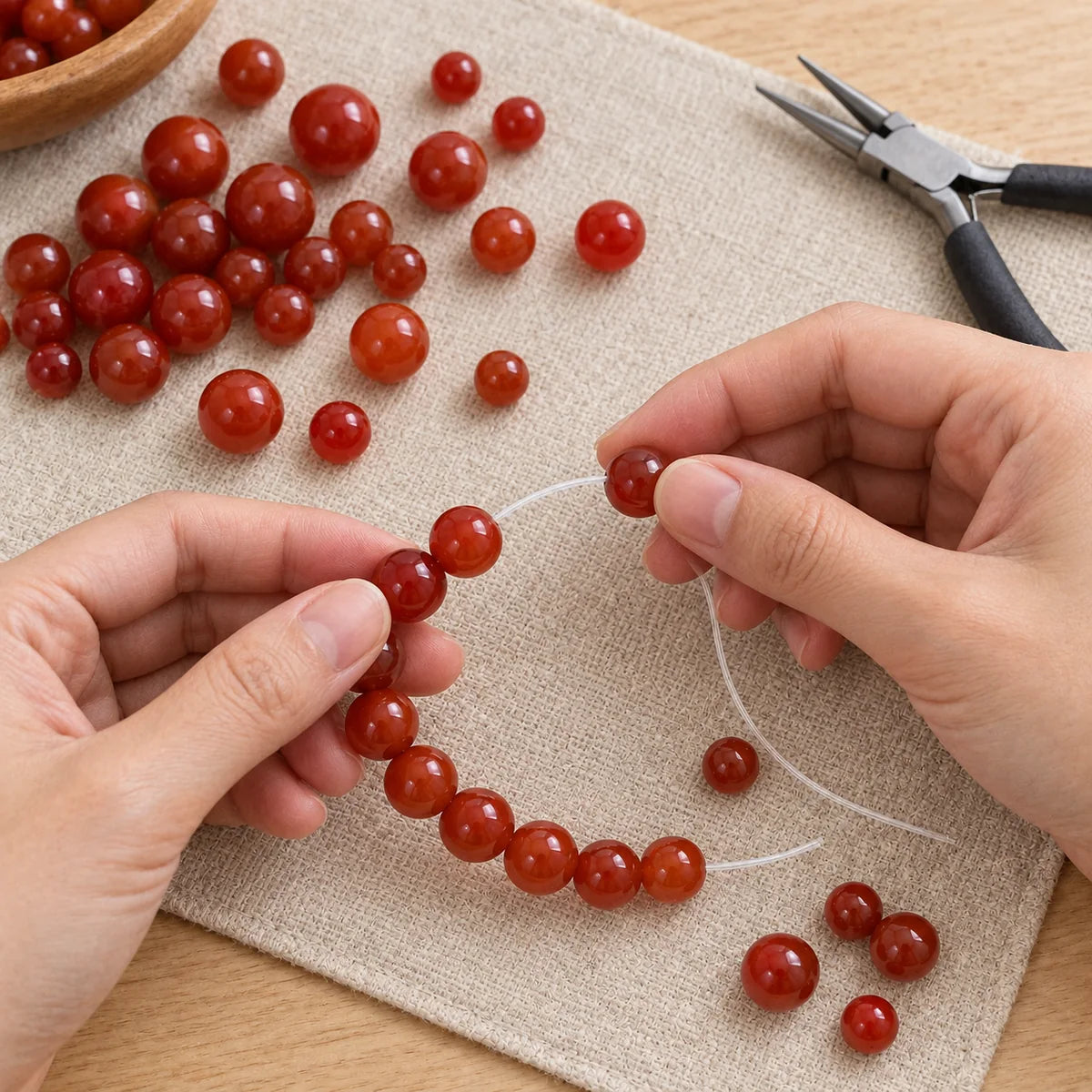 Perles Cornaline utilisées pour créer un bracelet