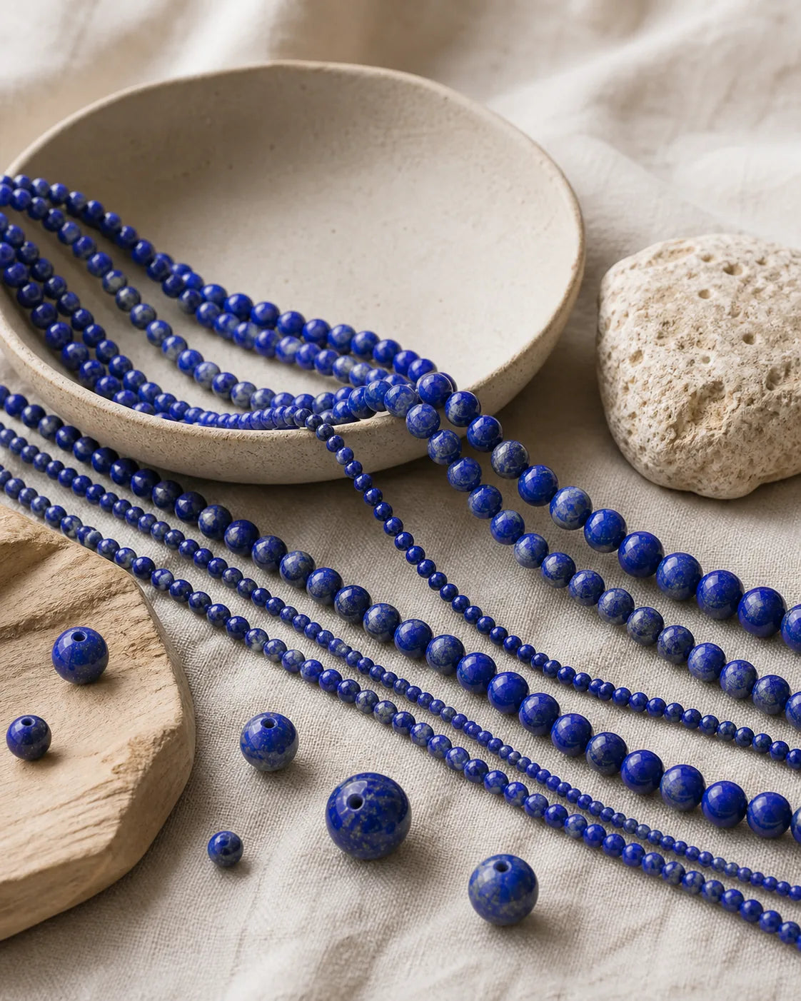 Perles Lapis Lazuli sur lin clair dans une ambiance de création
