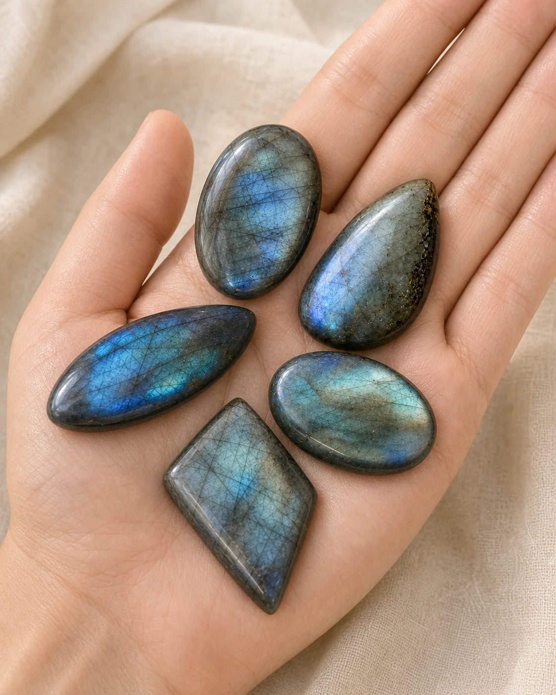 Lot de cinq pierres polies en labradorite présenté dans une main pour montrer son échelle