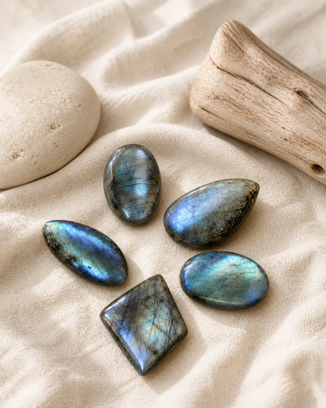 Cinq pierres polies en labradorite sur lin clair, pierre naturelle et bois brut