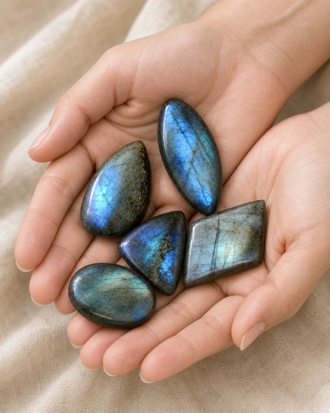 Lot de cinq pierres polies en labradorite tenu dans les mains