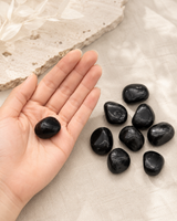 Une pierre roulée de tourmaline noire naturelle tenue dans la main, avec plusieurs autres pierres en arrière-plan.