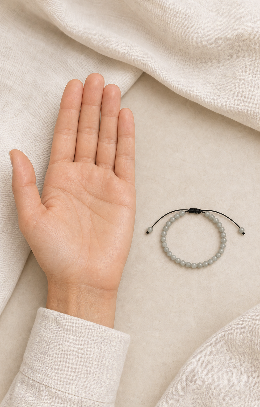 Bracelet minimaliste en labradorite présenté pour montrer son échelle.