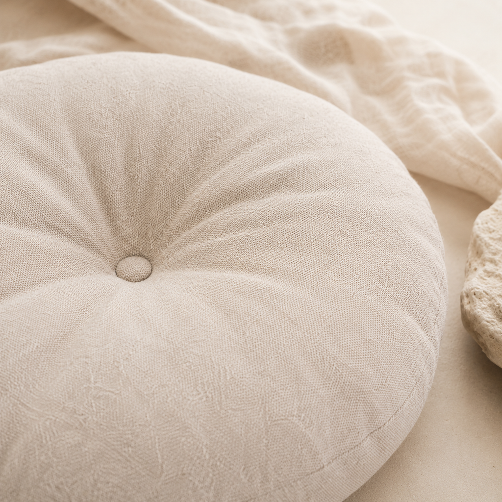 Texture du coussin zafu naturel avec tissu doux et bouton central